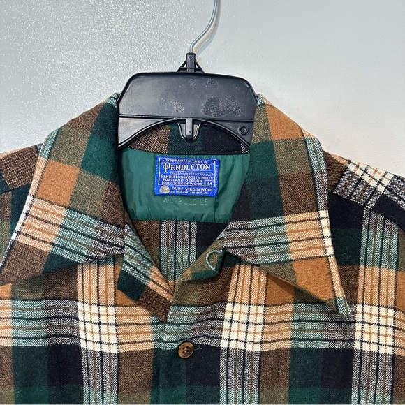 Vtg Pendleton Wool Flannel M Green Brown Plaid Loop Collar Heritage Americana 70 - Picture 4 of 6